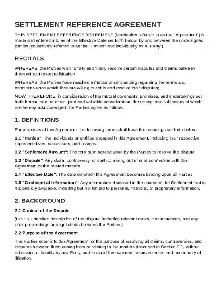 Settlement Reference Agreement Template Preview on Page 1