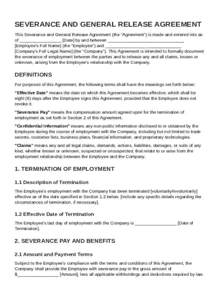 Severance and General Release Agreement Template Preview on Page 1
