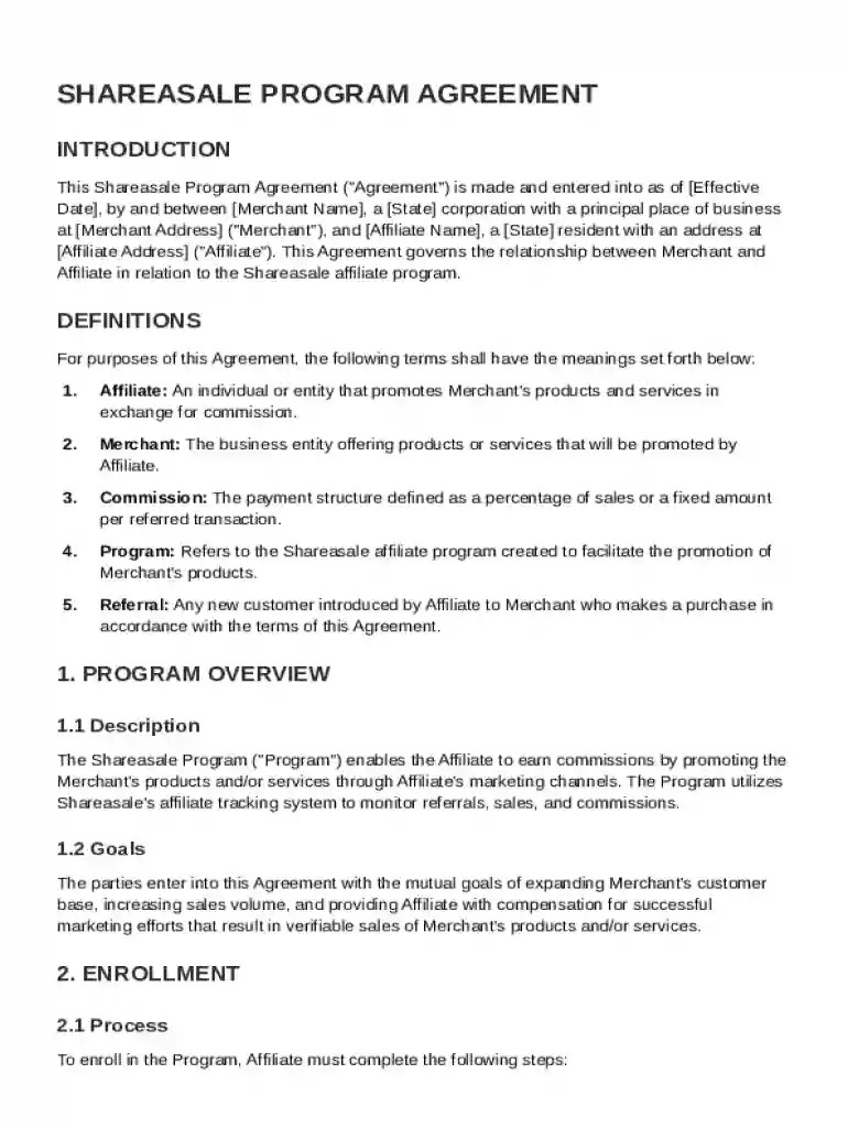 Shareasale Program Agreement Template Preview on Page 1