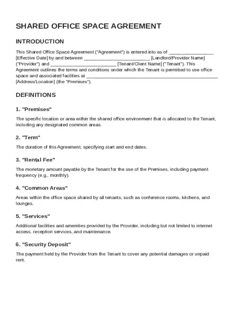 Shared Office Space Agreement Template Preview on Page 1