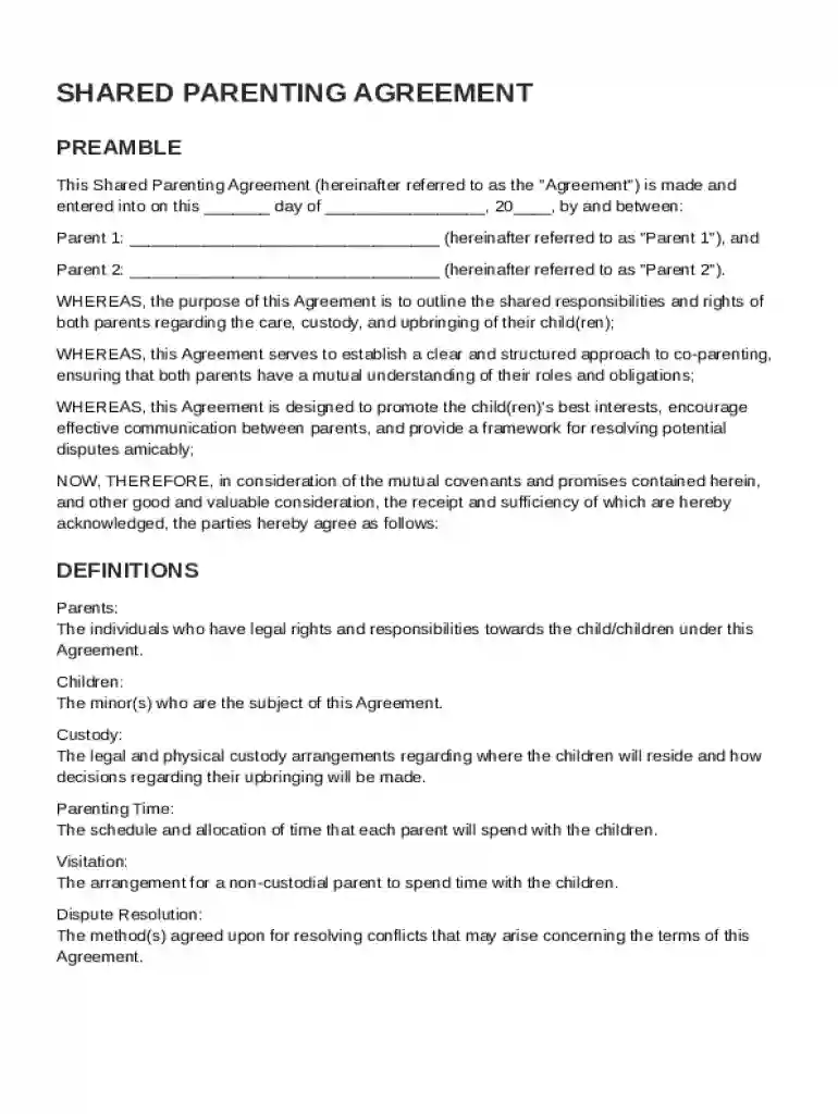 Shared Parenting Agreement Template Preview on Page 1