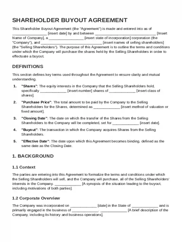 Shareholder Buyout Agreement Template Preview on Page 1