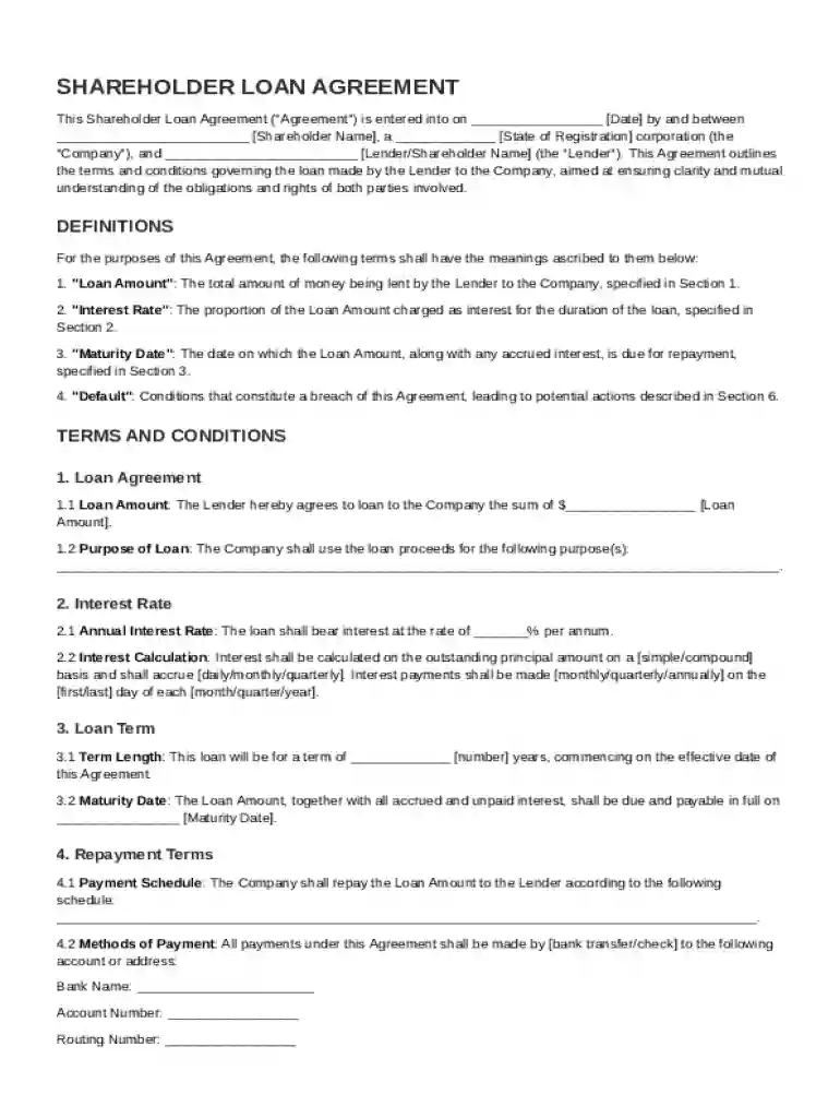 Shareholder Loan to Company Agreement Template Preview on Page 1