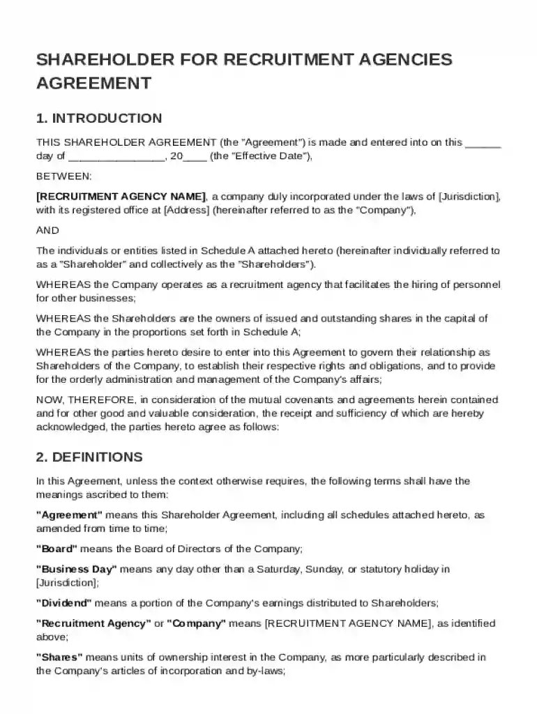 Shareholder for Recruitment Agencies Agreement Template Preview on Page 1