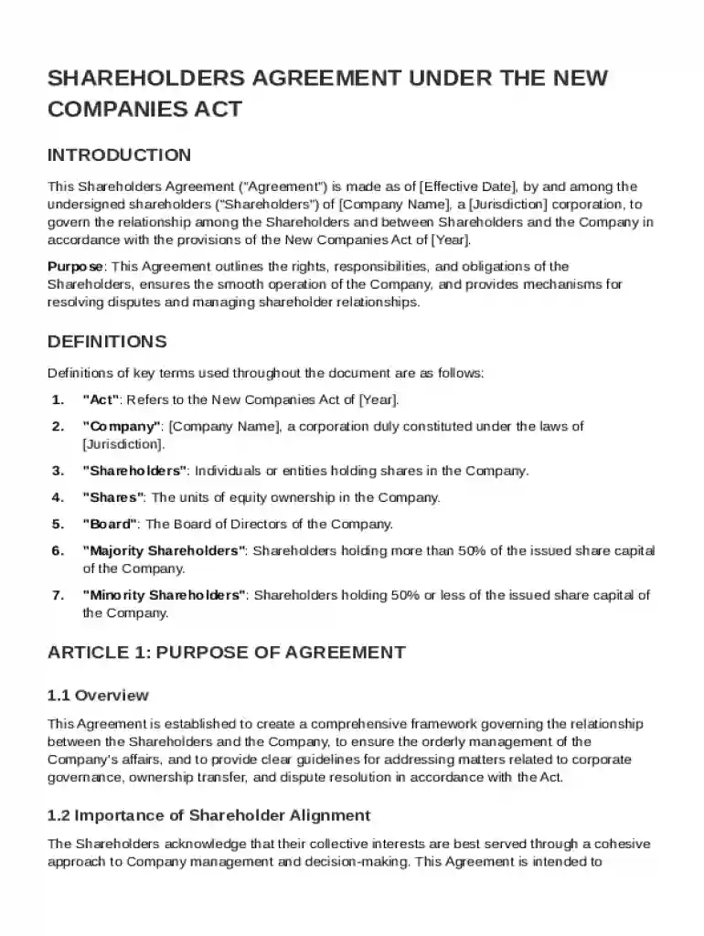 Shareholders New Companies Act Agreement Template Preview on Page 1