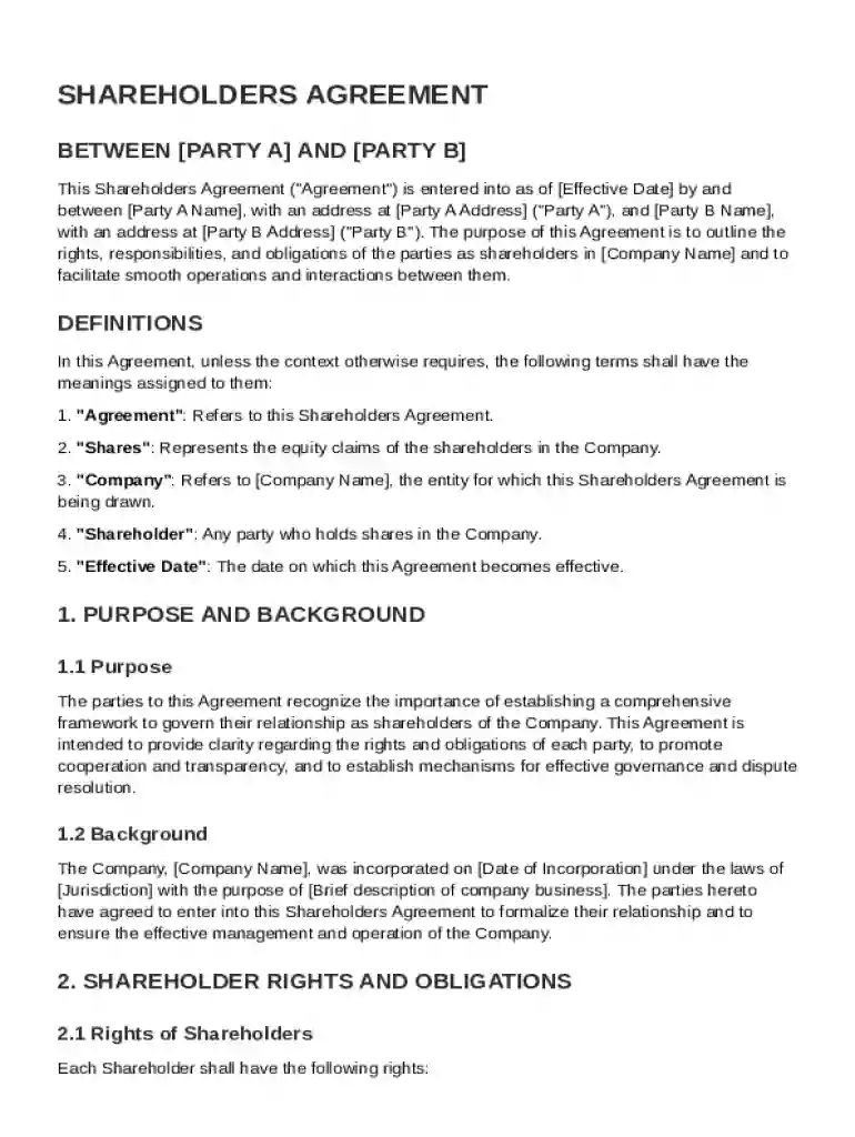 Shareholders Two Parties Agreement Template Preview on Page 1