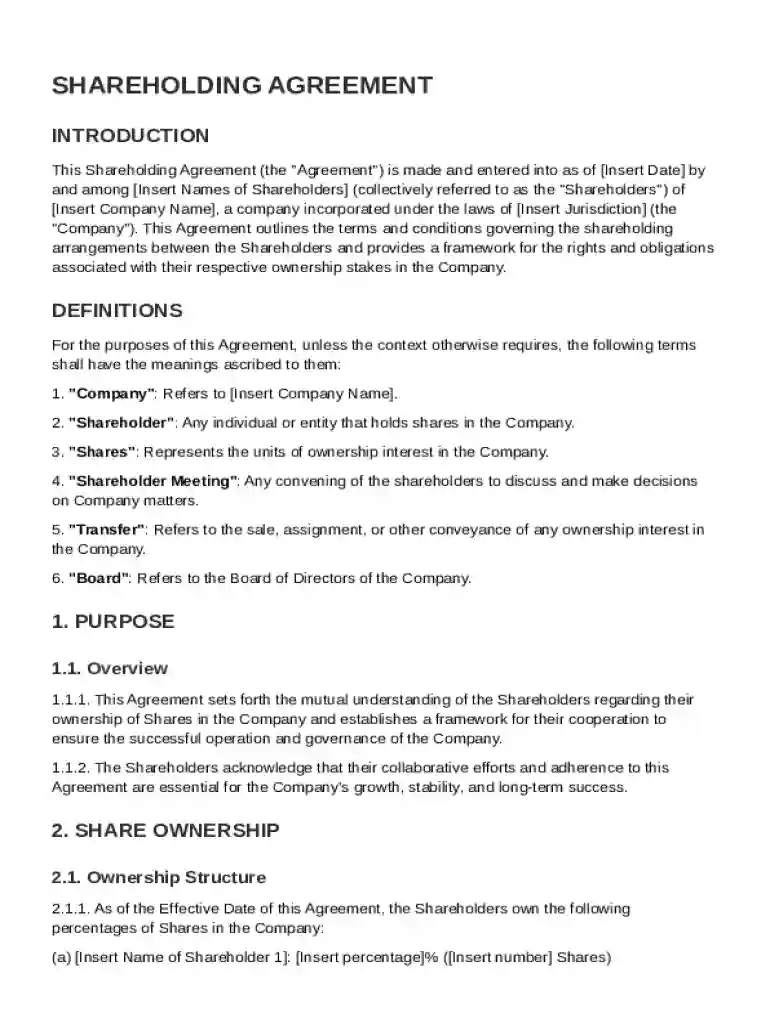 Shareholding Agreement Template Preview on Page 1