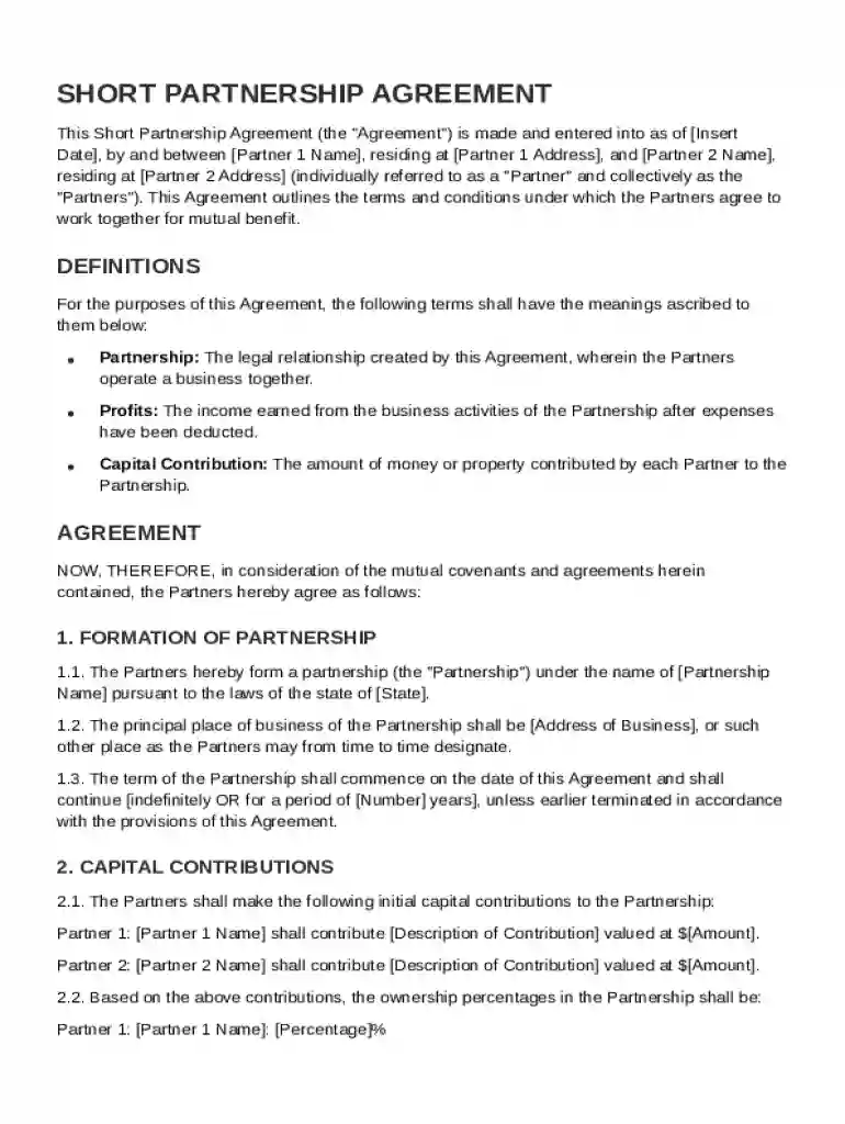 Short Partnership Agreement Template Preview on Page 1