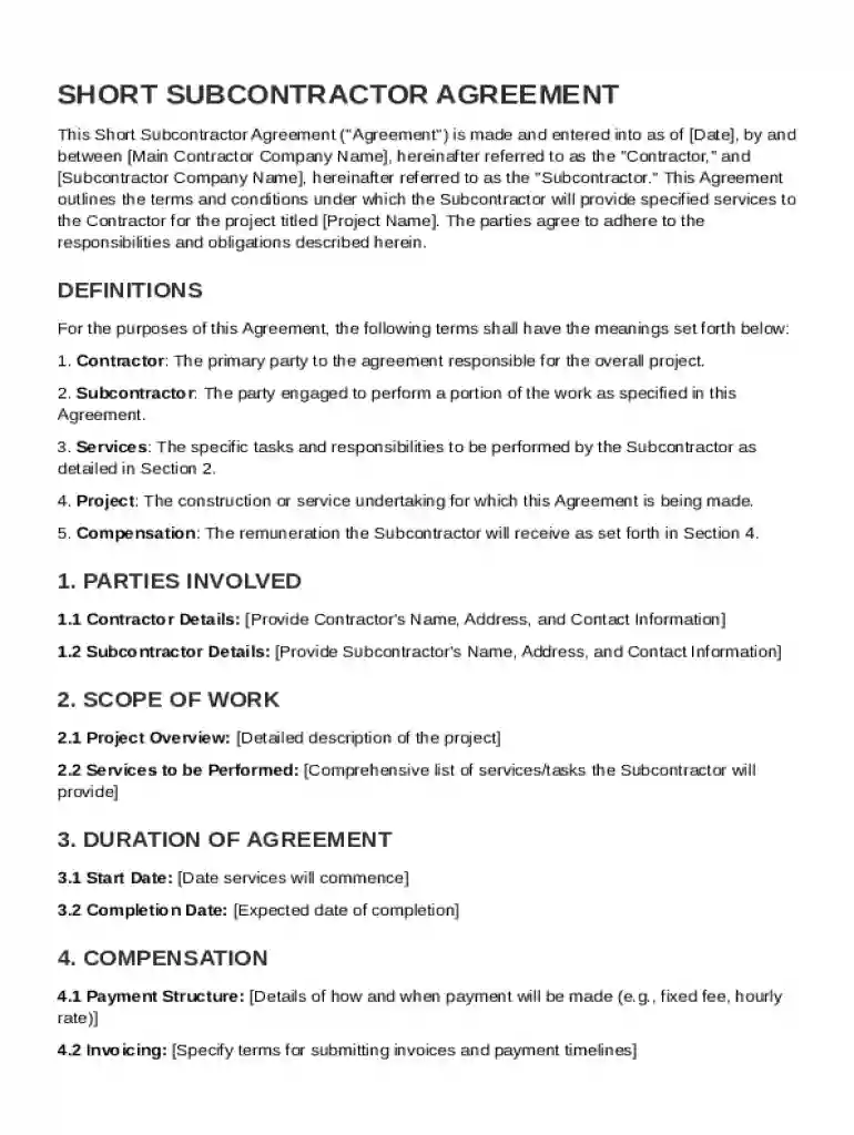 Short Subcontractor Agreement Template Preview on Page 1
