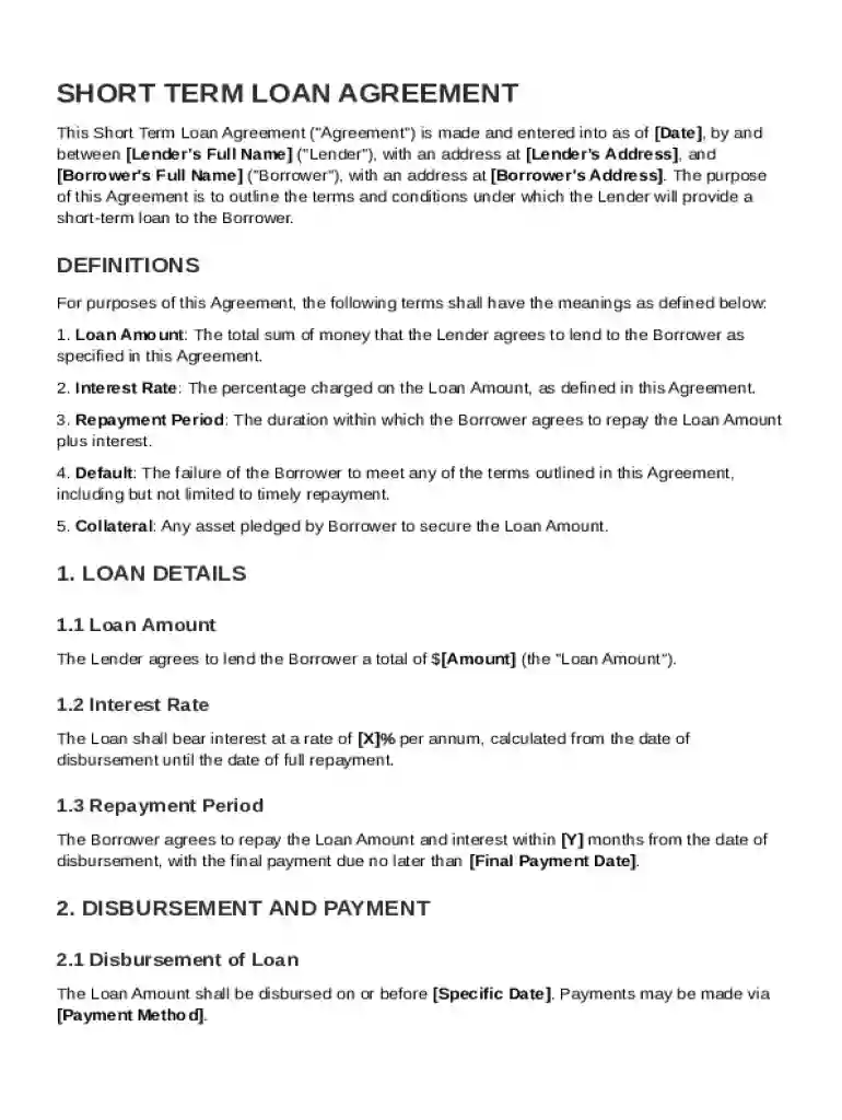 Short Term Loan Agreement Template Preview on Page 1