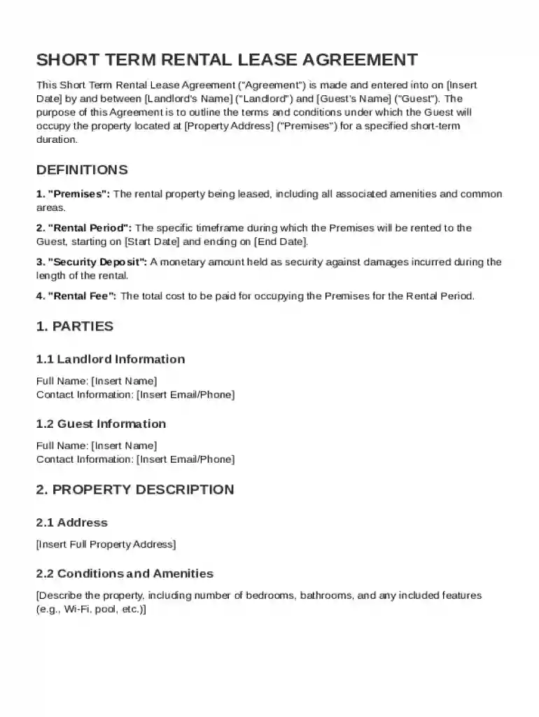 Short Term Rental Lease Agreement Template Preview on Page 1