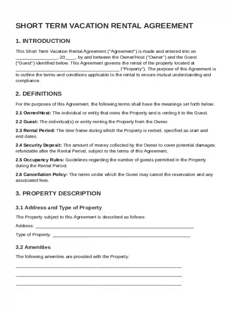 Short Term Vacation Rental Agreement Template Preview on Page 1