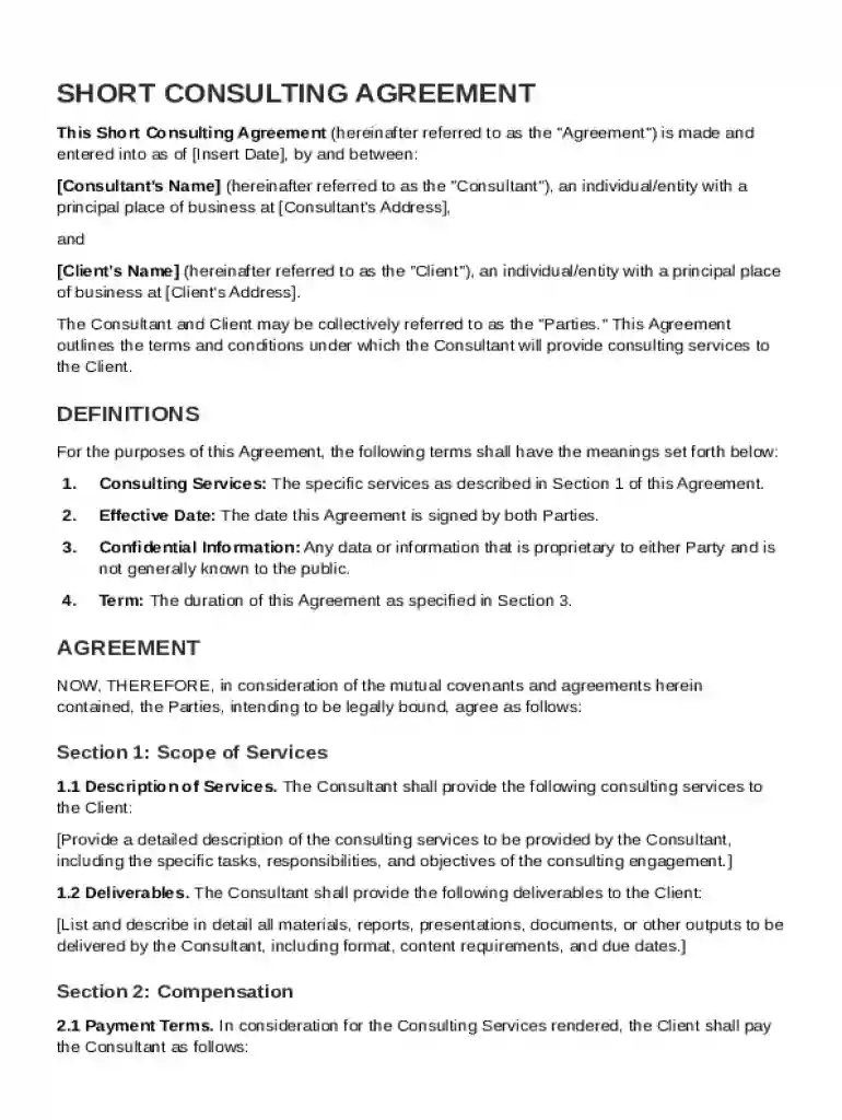 Shortconsulting Agreement Template Preview on Page 1