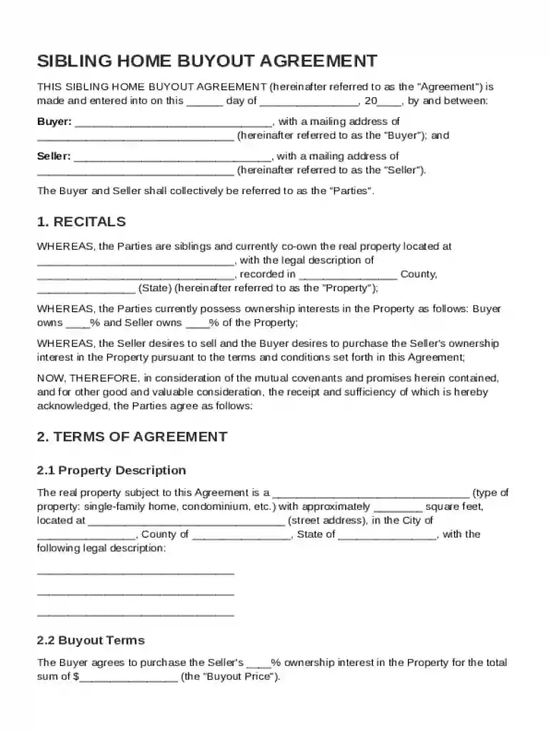Sibling Home Buyout Agreement Template Preview on Page 1