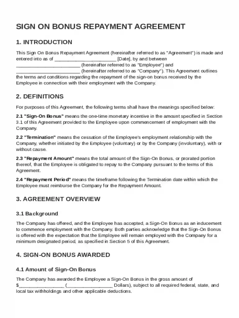 Sign On Bonus Repayment Agreement Template Preview on Page 1