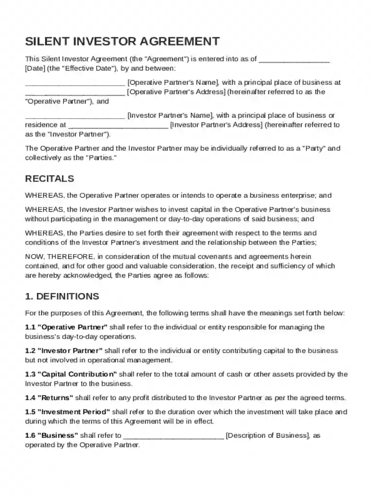 Silent Investor Agreement Template Preview on Page 1