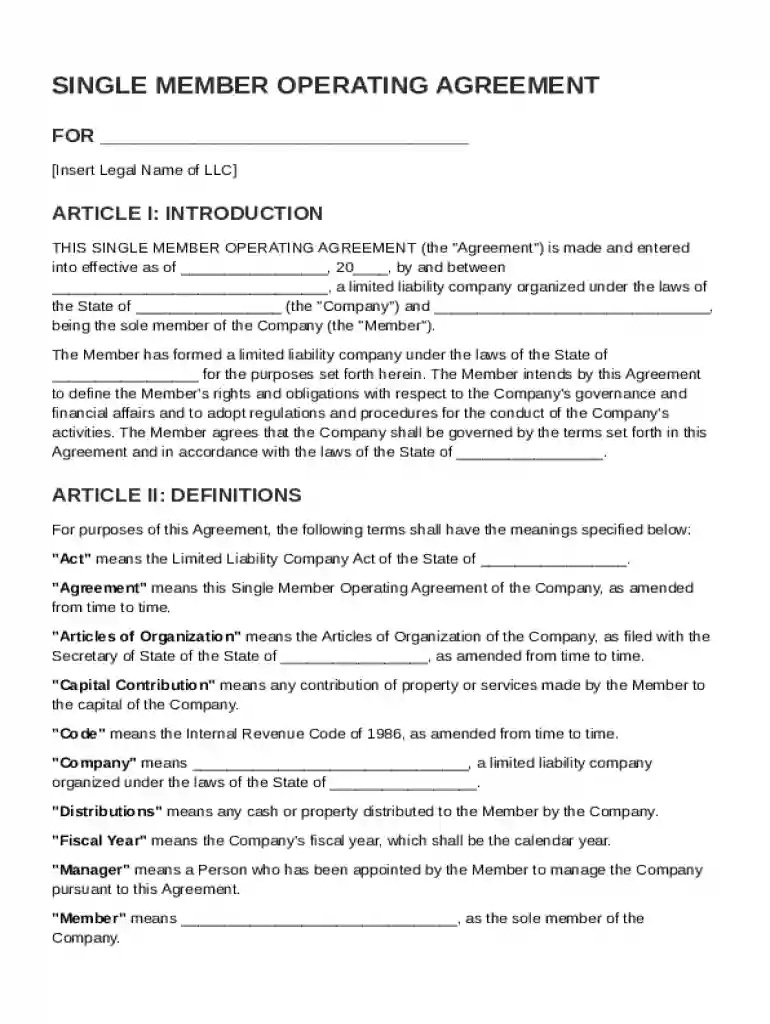 Single Memberoperating Agreement Template Preview on Page 1