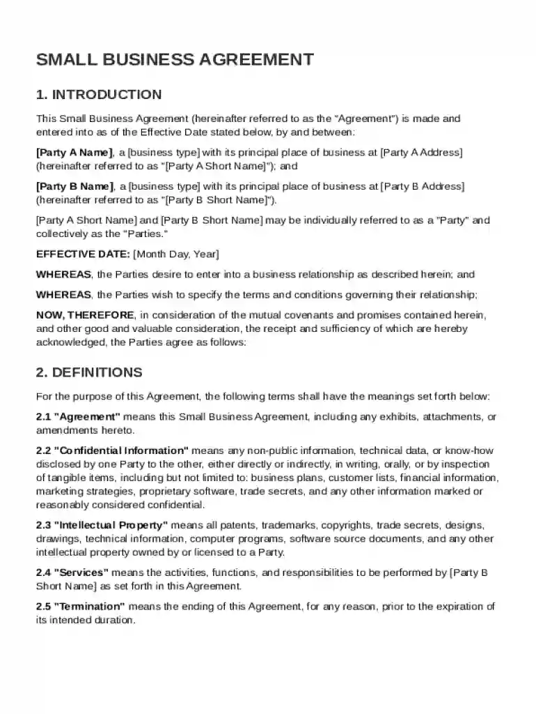 Small Business Agreement Template Preview on Page 1