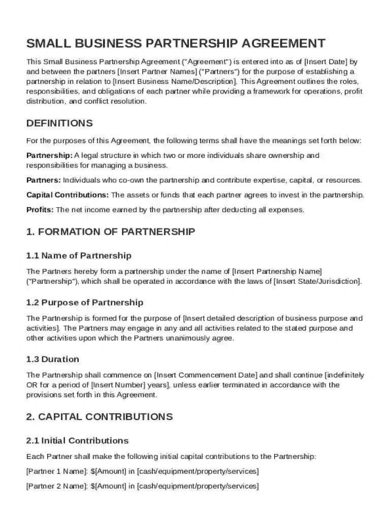 Small Business Partnership Agreement Template Preview on Page 1
