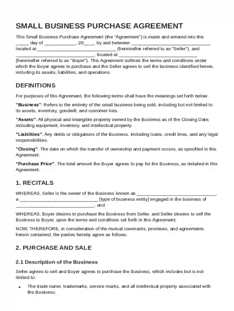 Small Business Purchase Agreement Template Preview on Page 1