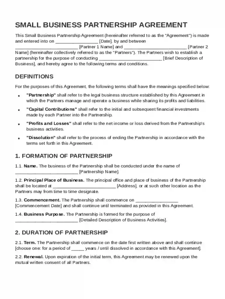 Small Businesspartnership Agreement Template Preview on Page 1