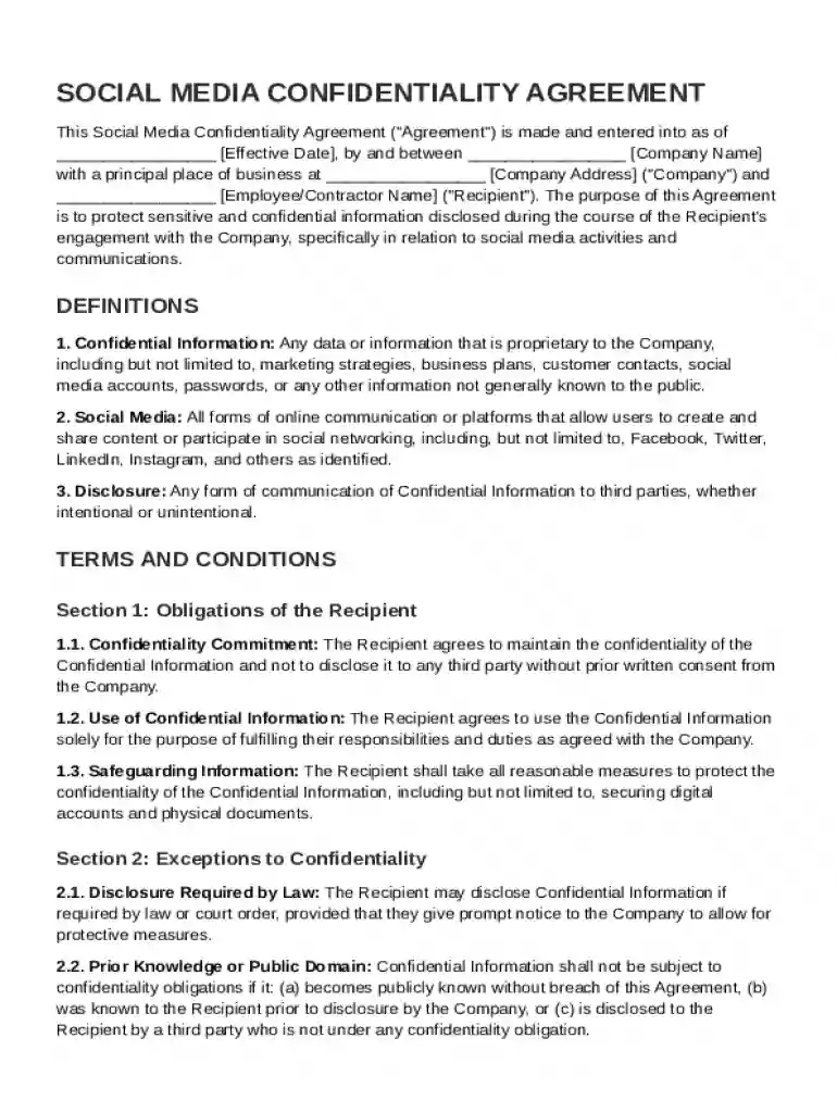 Social Media Confidentiality Agreement Template Preview on Page 1