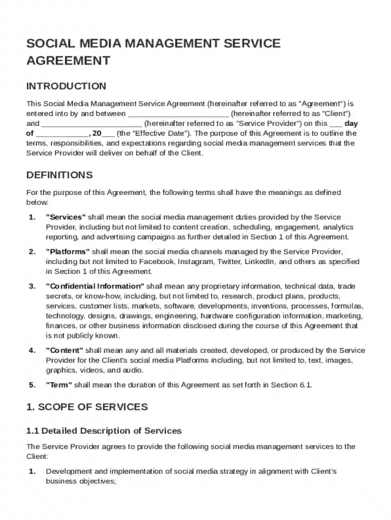 Social Media Management Service Agreement Template Preview on Page 1