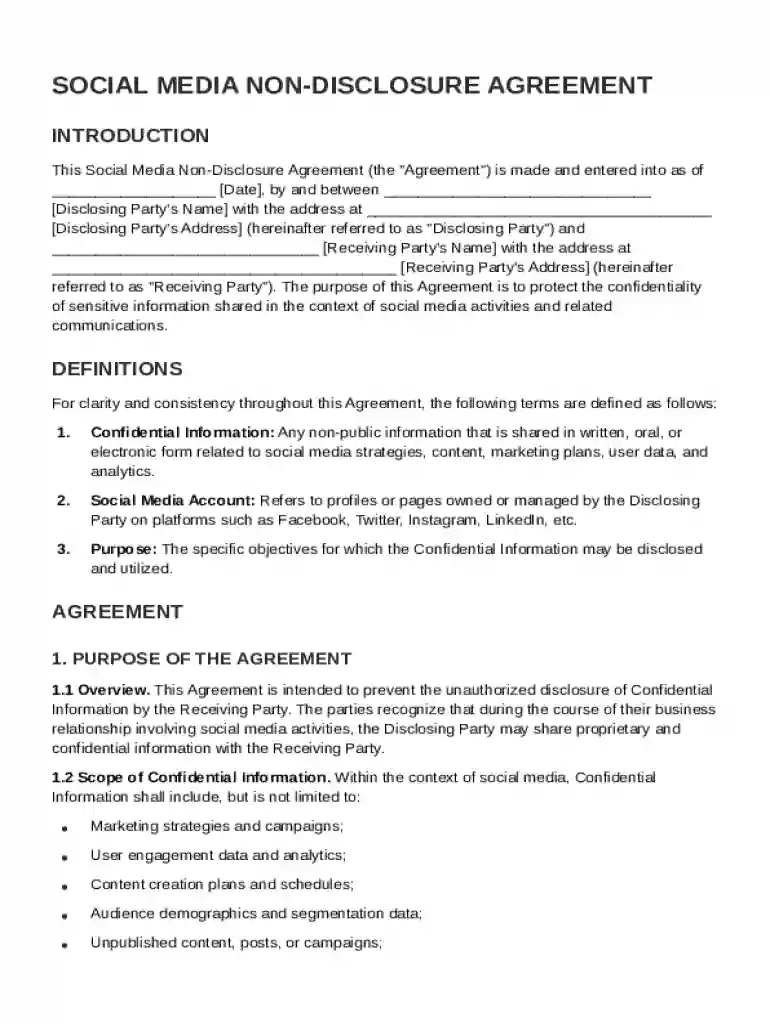 Social Media Non Disclosure Agreement Template Preview on Page 1