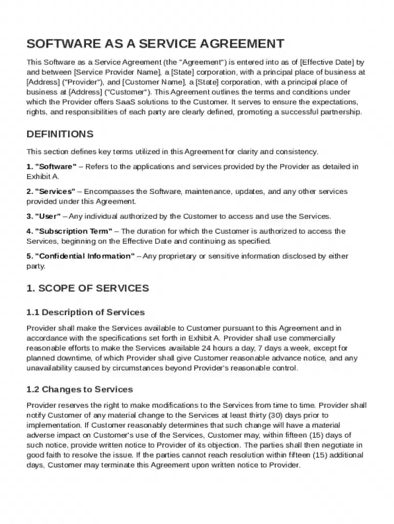 Software As a Service Agreement Template Preview on Page 1
