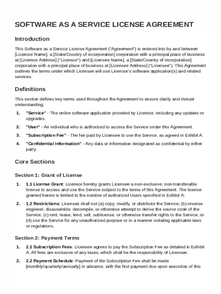 Software As a Service License Agreement Template Preview on Page 1