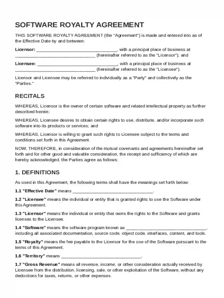 Software Royalty Agreement Template Preview on Page 1