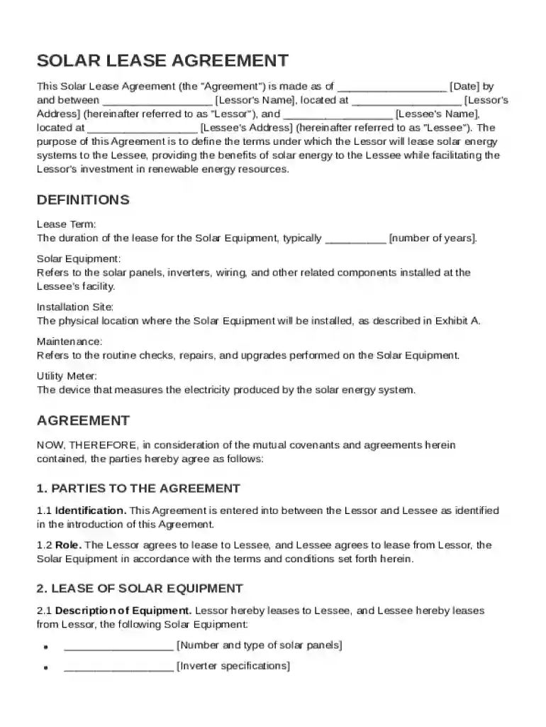 Solar Lease Agreement Template Preview on Page 1