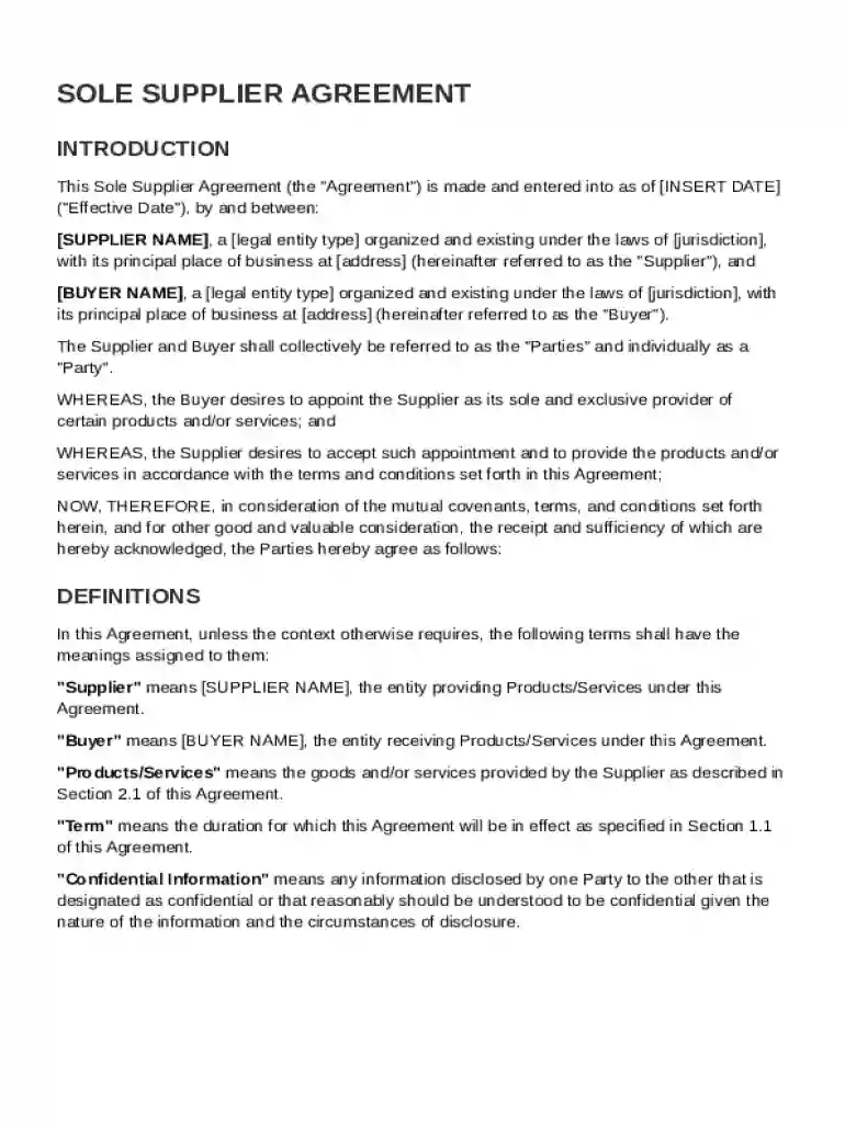 Sole Supplier Agreement Template Preview on Page 1