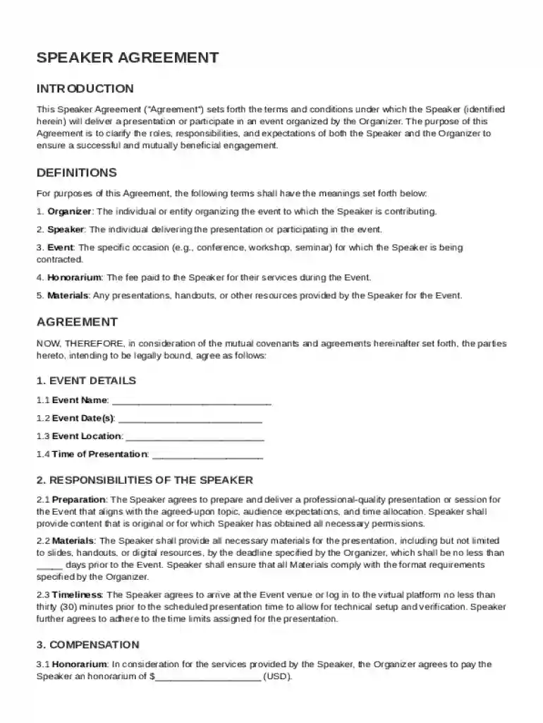 Speaker Speaker Agreement Template Preview on Page 1