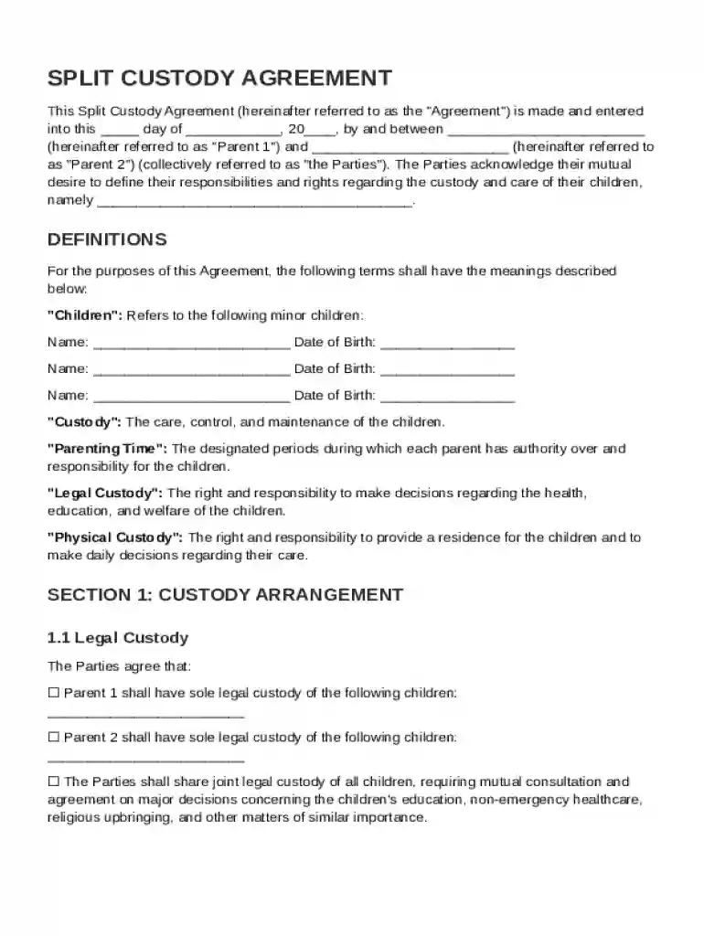 Split Custody Agreement Template Preview on Page 1