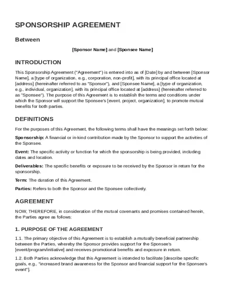 Sponsorship in Agreement Template Preview on Page 1