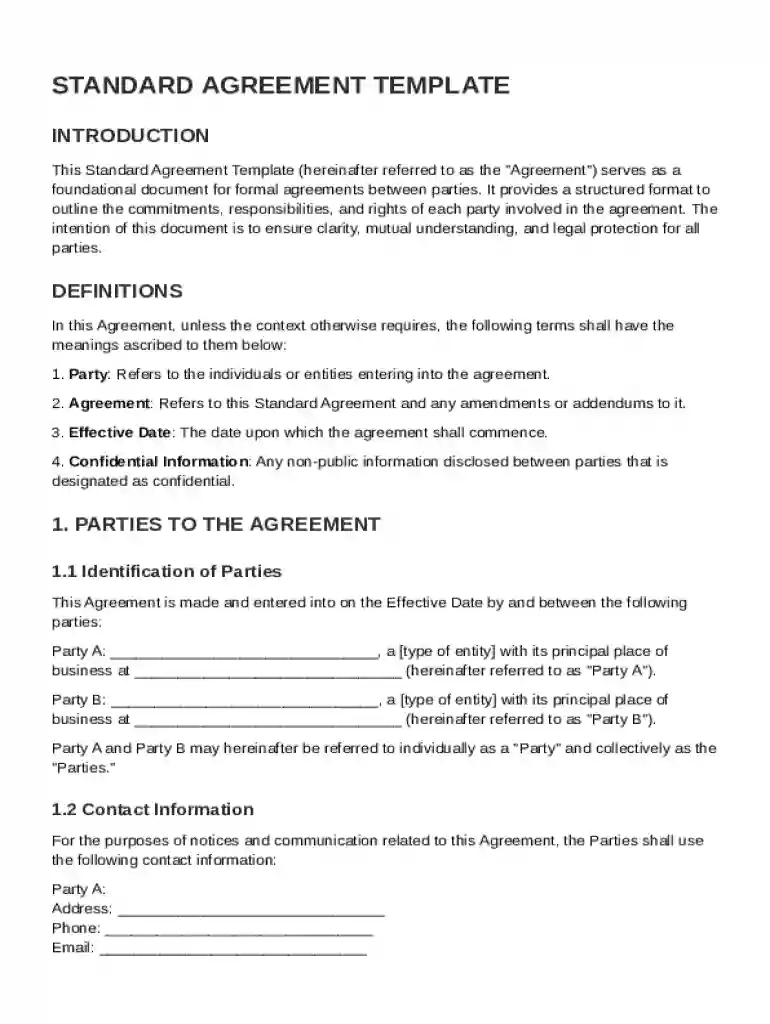 Standard Agreement Template Preview on Page 1