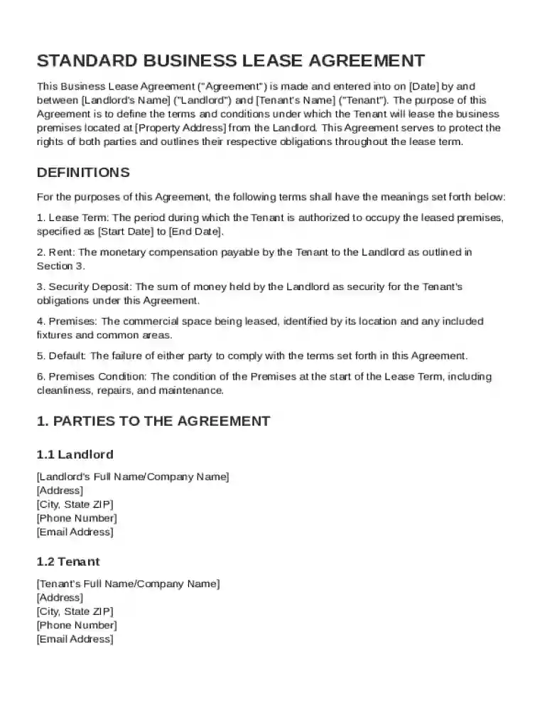 Standard Business Lease Agreement Template Preview on Page 1