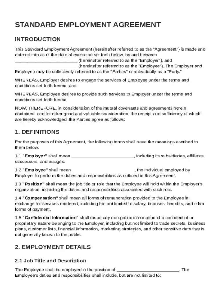 Standard Employment Agreement Template Preview on Page 1