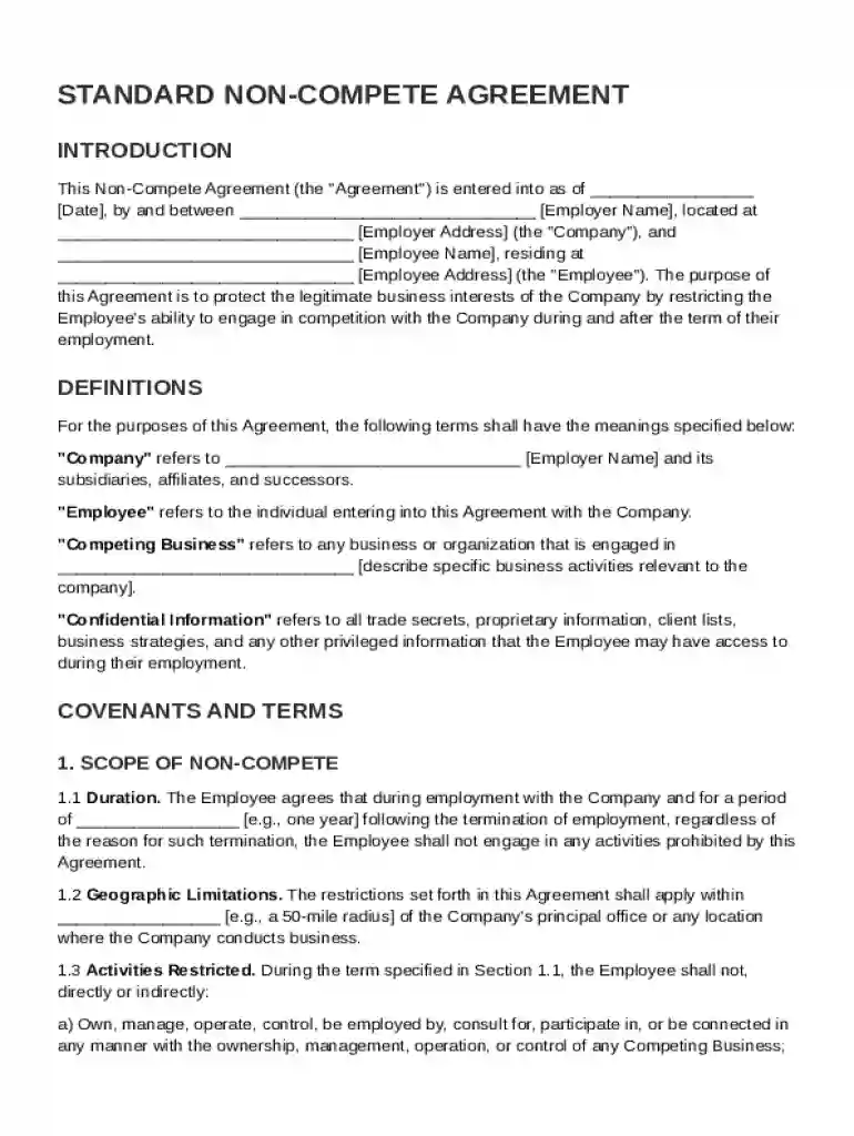 Standard Non Compete Agreement Template Preview on Page 1
