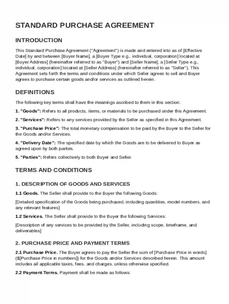 Standard Purchase Agreement Template Preview on Page 1