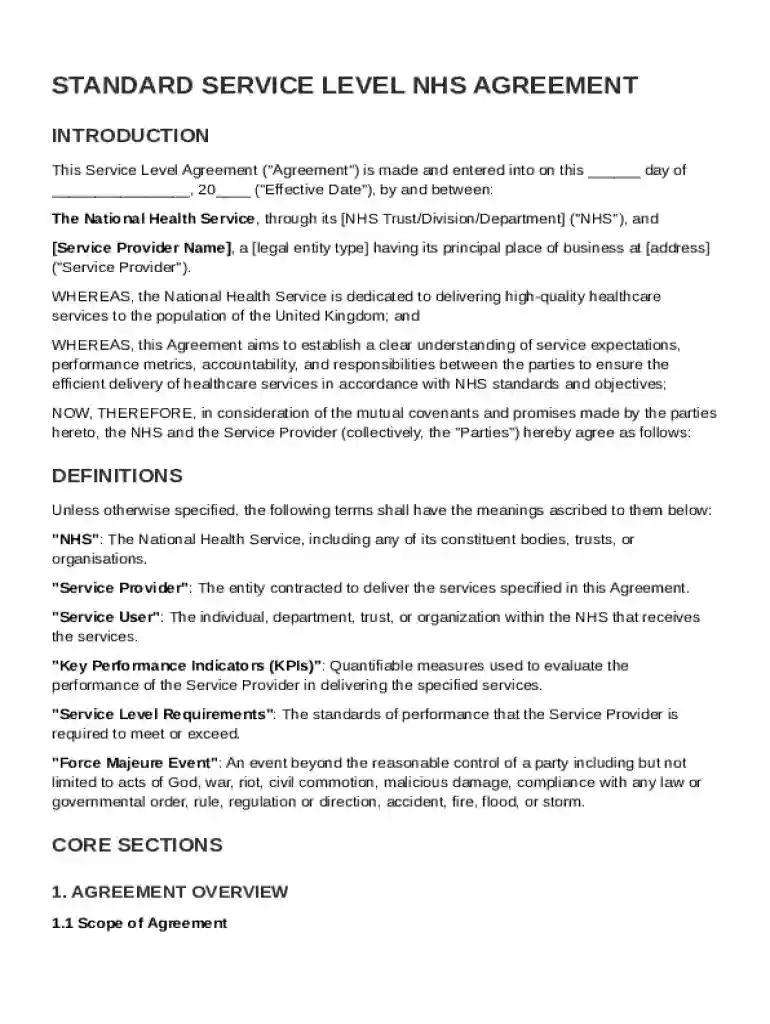 Standard Service Level NHS Agreement Template Preview on Page 1