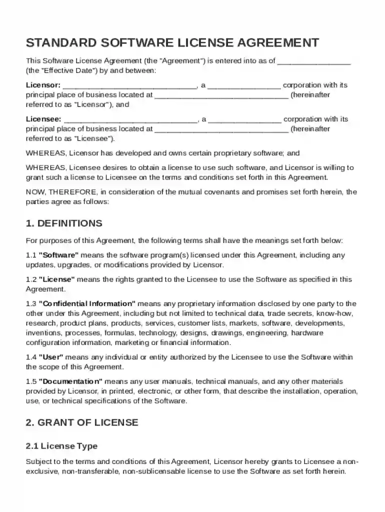Standard Software License Agreement Template Preview on Page 1
