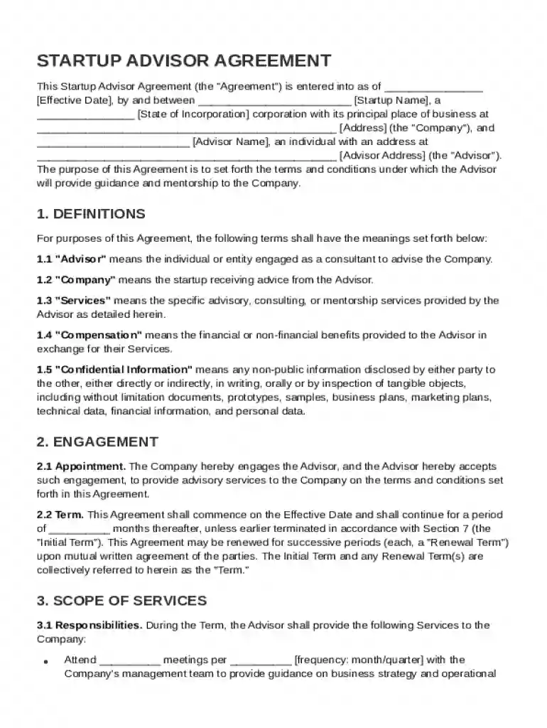 Startup Advisor Agreement Template Preview on Page 1