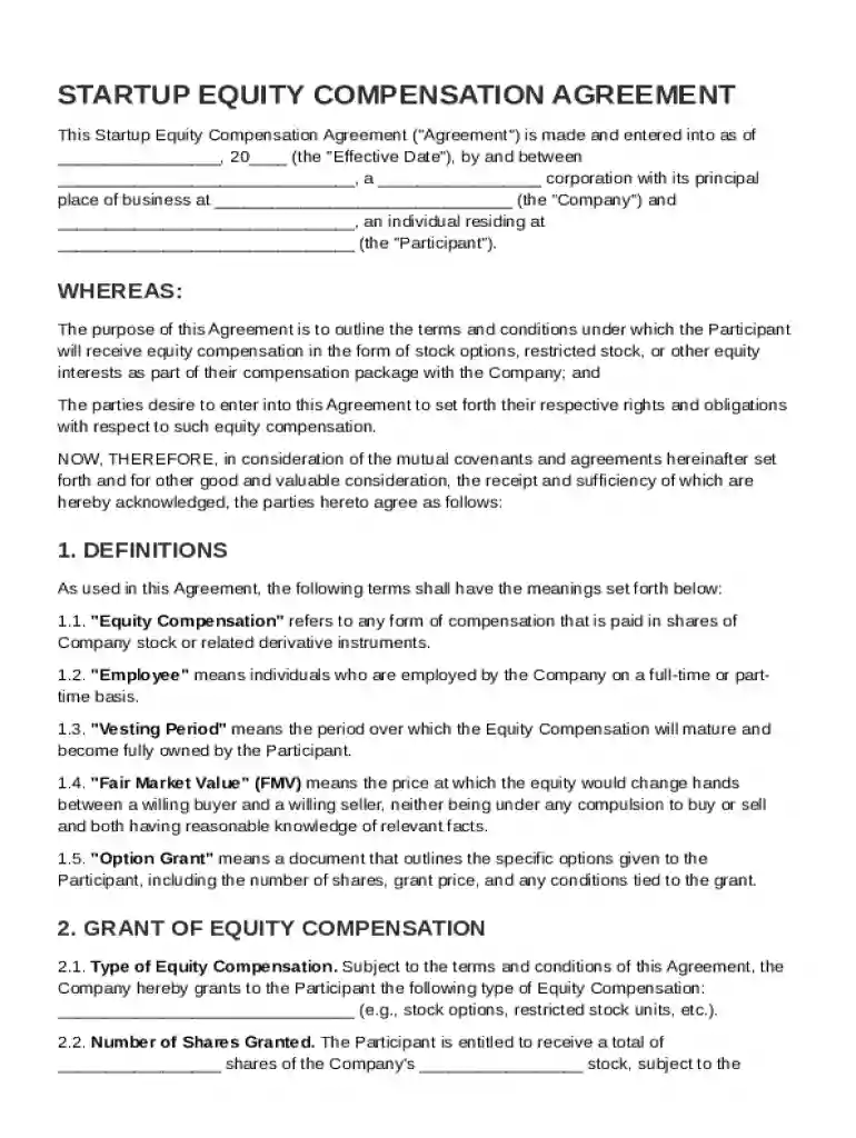 Startup Equity Compensation Agreement Template Preview on Page 1