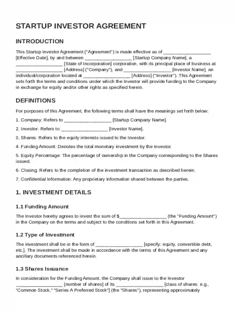 Startup Investor Agreement Template Preview on Page 1