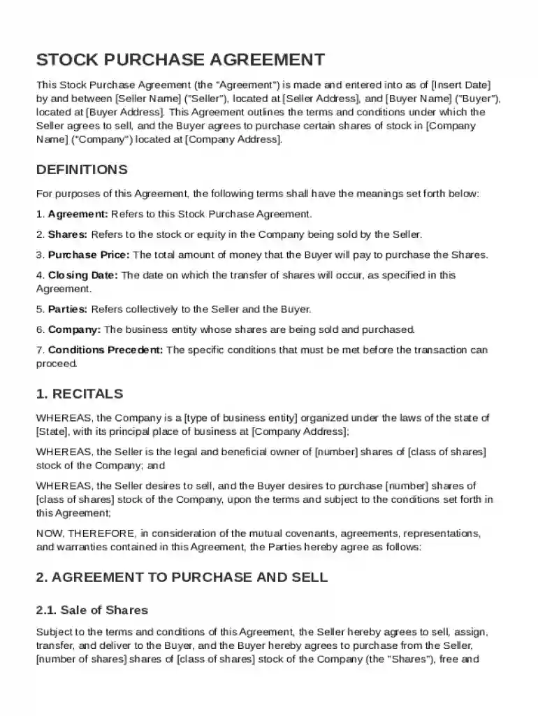 Stock Agreement Template Preview on Page 1