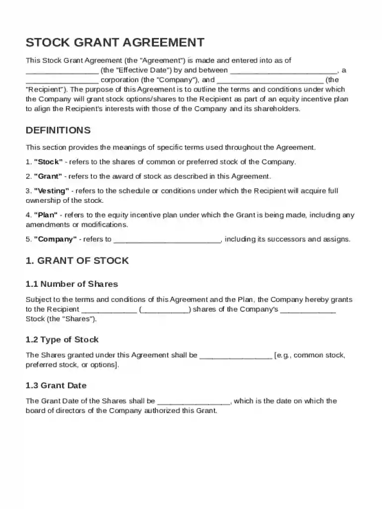 Stock Grant Agreement Template Preview on Page 1
