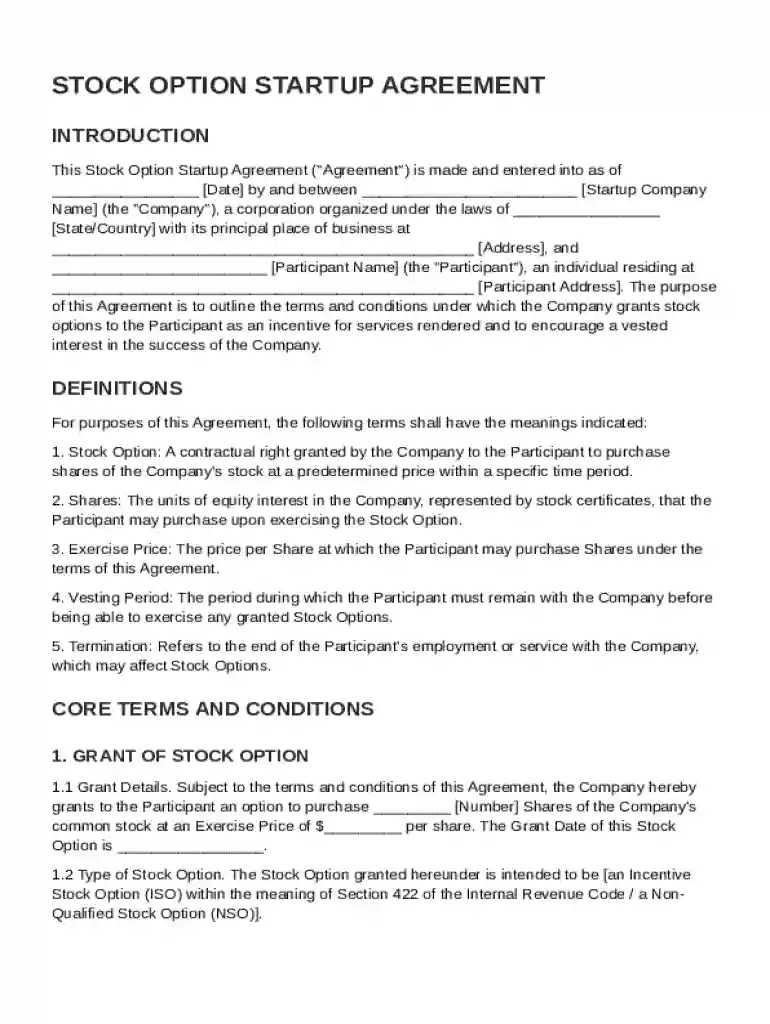 Stock Option Startup Agreement Template Preview on Page 1