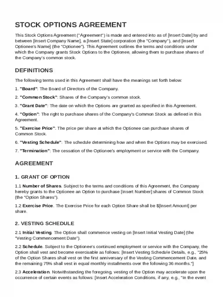 Stock Options Agreement Template Preview on Page 1